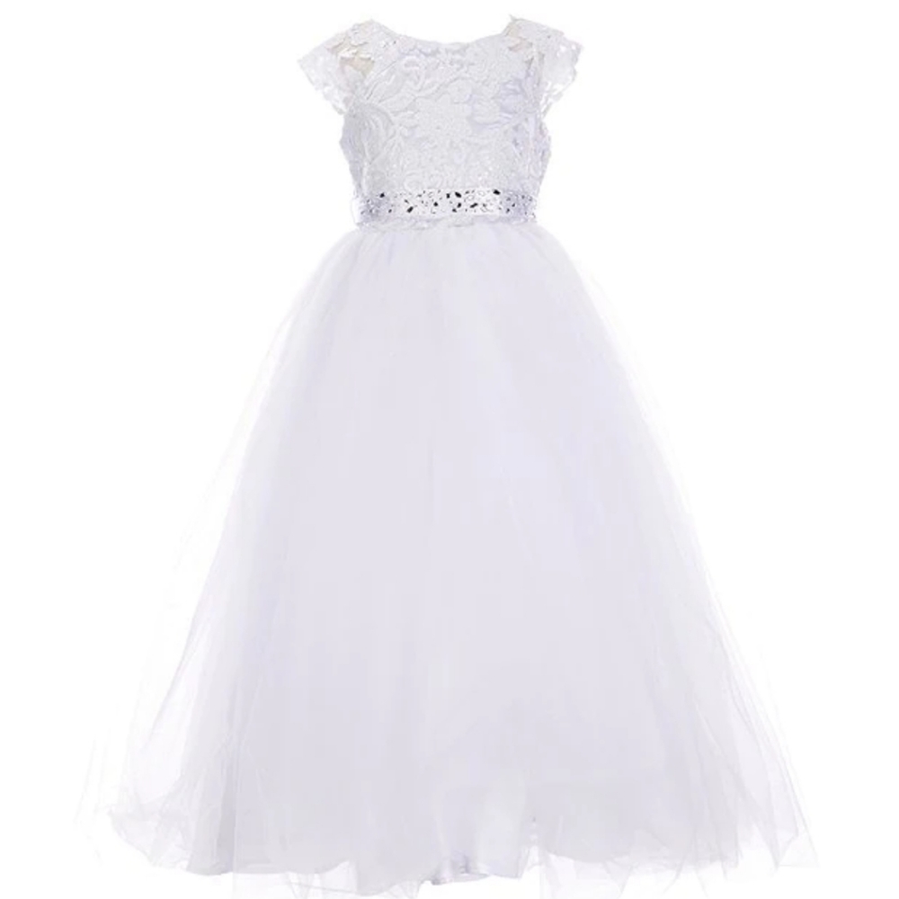 Poppies & Roses Big Girls Cap Sleeve Jeweled Waist Lace-To-Tulle Dress